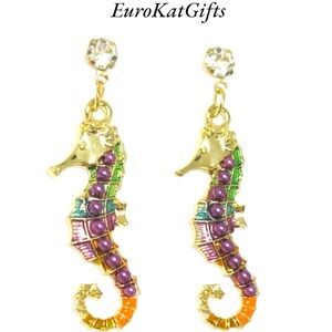 NEW Betsey Johnson Seahorse Pearl Crystal Enamel Earrings 1” Beach Bohemian NWT